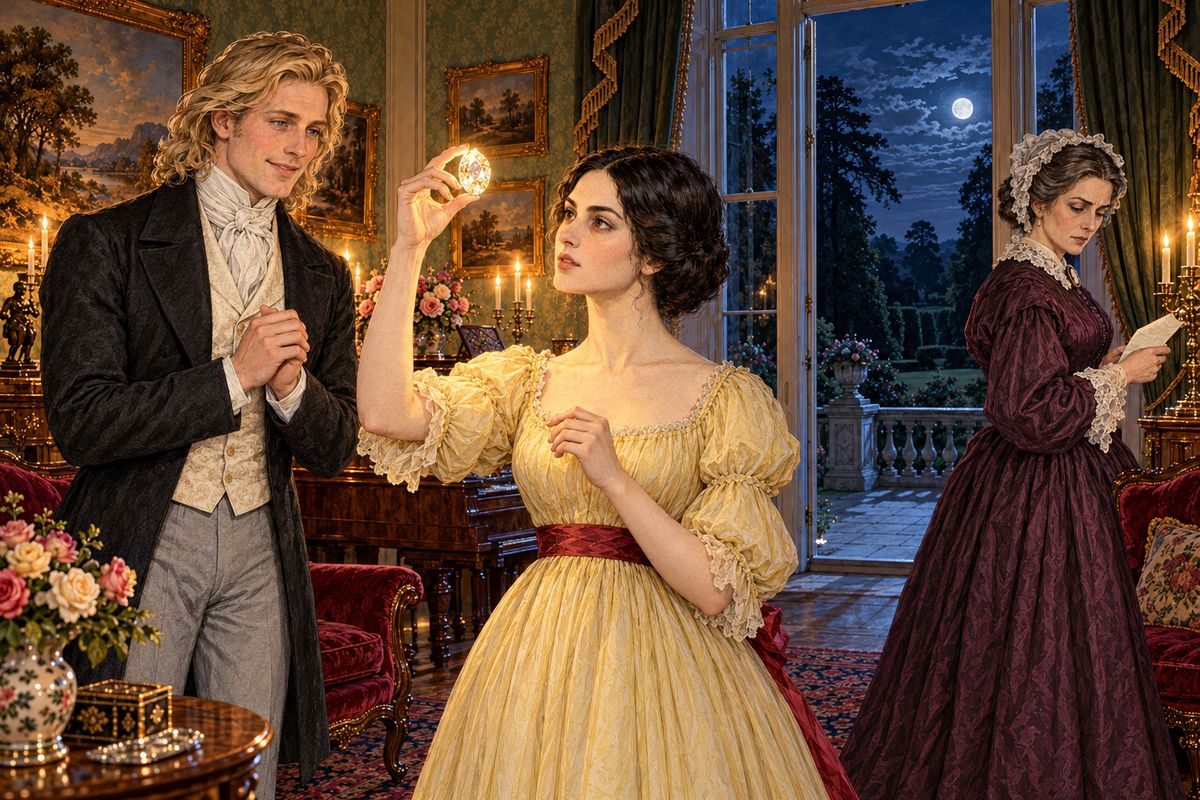 On June 21st Mr. Franklin brought the Moonstone back from the bank and Rachel took it in her hands. It shone with a yellow, moony light you could fall into. Mr. Godfrey clapped and cried 'Exquisite!', but my lady stood at the window reading her brother's Will, and her face looked grim.