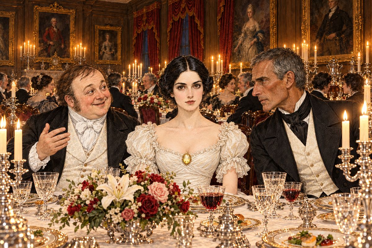 Twenty-four people sat down to dinner, and every eye was on Rachel: Mr. Franklin had fixed the Moonstone with silver wire as a brooch on her white dress. Mr. Candy the doctor joked about burning it. Mr. Murthwaite, the traveller, just stared at it, then said quietly, 'If you ever go to India, Miss Verinder, don't take your uncle's birthday gift with you.'