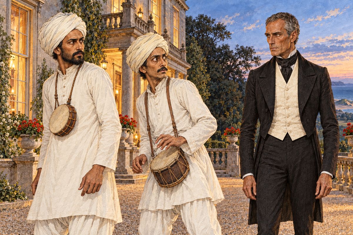 After dinner the Indian drum sounded on the terrace. The jugglers had come back, and Rachel stood there showing them the Diamond. Then Mr. Murthwaite came up quietly behind them and spoke to them in their own language. They spun round as if struck. Their leader went pale, bowed, and said the performance was over.