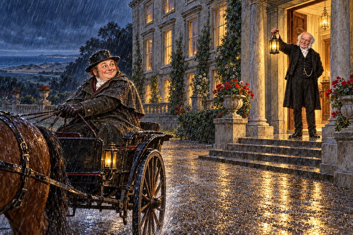 The carriages came and so did the rain, and it poured as if it meant to go on all night. Everyone else went home in closed carriages, but Mr. Candy had come in his open gig. When I warned him he'd be soaked, he laughed that a doctor's skin was waterproof, and drove off into the dark.