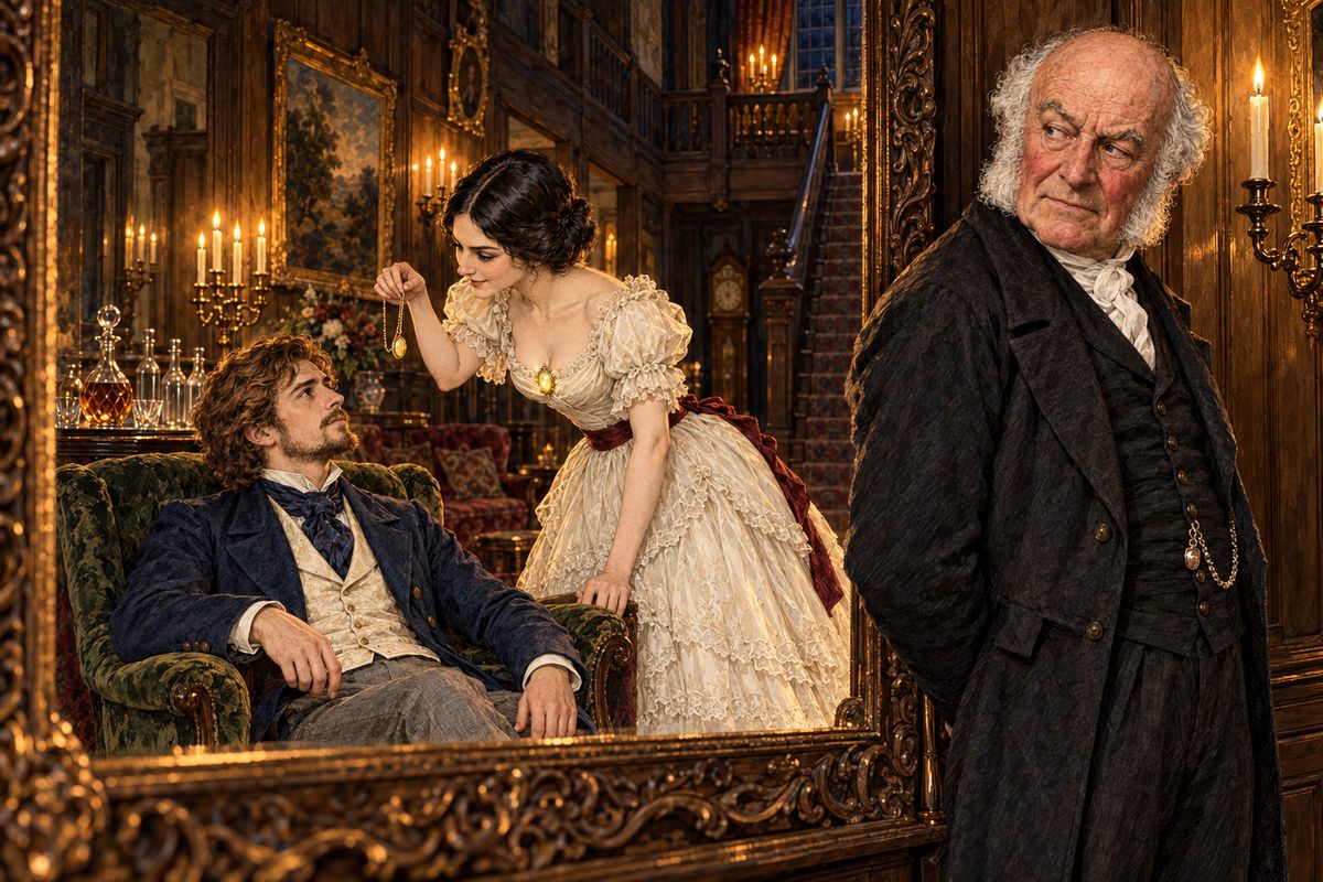 When the birthday guests had gone, Rachel chattered that she would keep the Moonstone in the Indian cabinet in her sitting-room. "Your Indian cabinet has no lock to it," her mother warned, but Rachel laughed off the worry. Saying good-night, she slipped Franklin's locket from her dress and showed it to him with a secret smile. Betteredge caught the moment in the hall mirror.