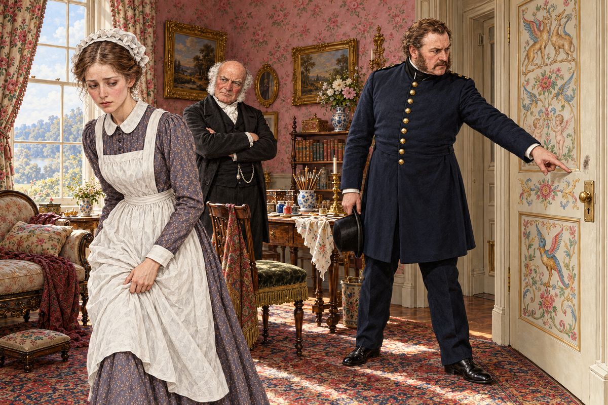 Superintendent Seegrave of the Frizinghall police arrived, sure of himself and loud. When the frightened maids crowded into the sitting-room, he pointed at a small smear in the fresh paint under the door lock. "Look what mischief the petticoats of some of you have done already. Clear out!" Rosanna Spearman, standing nearest the smear, was the first to slip away.