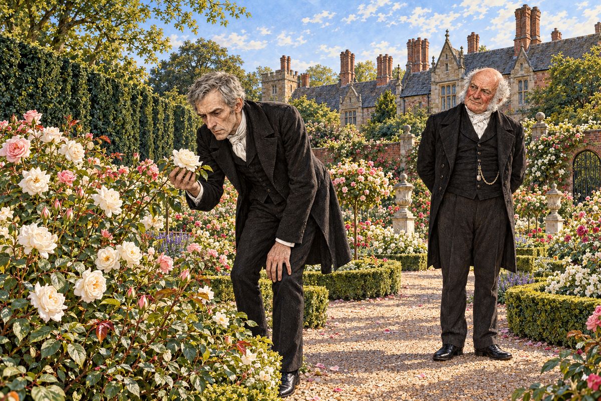 On Friday a famous London detective arrived: Sergeant Cuff, grizzled, thin as a rake and dressed in black like an undertaker. He said not a word about the robbery. He headed straight for the rose garden, lectured the gardener on grass paths, and stroked a white musk rose as if it were a child. Betteredge wondered how this man had ever made his name.