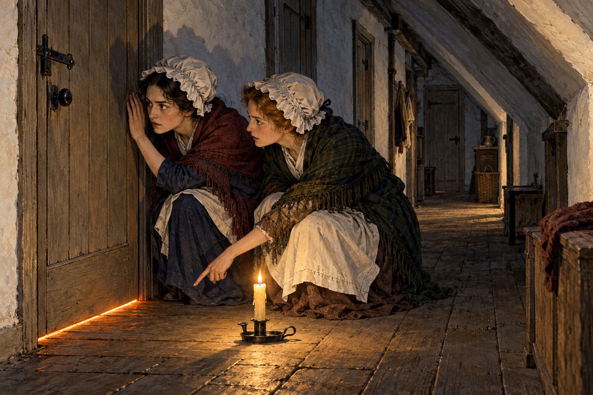 Over the tea-pot, the spiteful maids told Betteredge what they had already told Cuff. On the night after the theft, Rosanna's door had been locked and the keyhole stopped up, and at four in the morning a fire was crackling in her room, in June. Mr. Franklin decided she must be the thief, but Cuff forbade him to say a word.