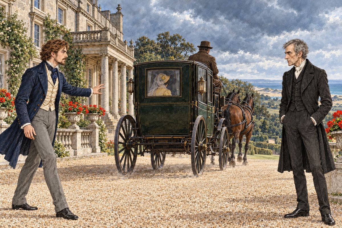 Rachel ignored the Sergeant's warning that leaving would hinder the search, and ignored Franklin's outstretched hand. "Drive on!" she cried. Franklin stepped back thunderstruck, and later begged Betteredge to get him to the train. As the carriage passed the lodge trees, Cuff watched a second man, his own, climb silently into the rumble beside the footman.