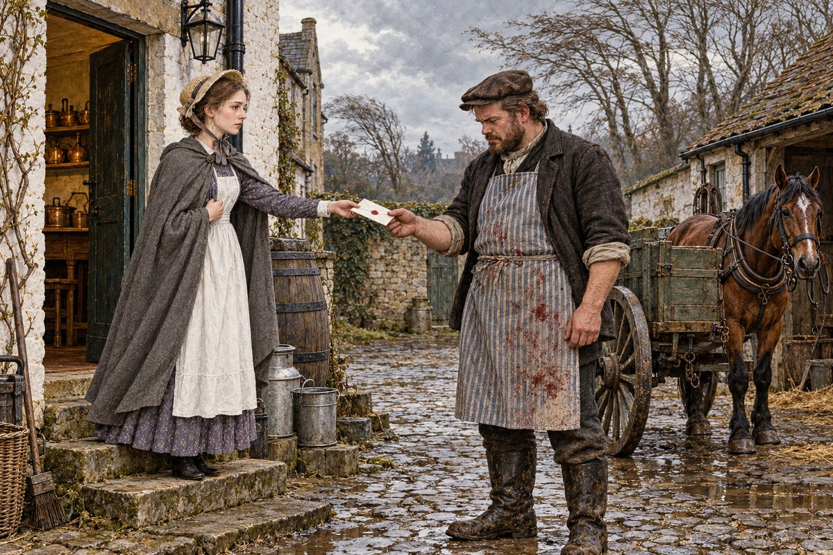 Then Cuff found that the policeman Joyce had lost track of Rosanna an hour before. The kitchen-maid Nancy had last seen her slipping out of the back door to give the butcher's man a letter to post. It was addressed to Cobb's Hole, the Yollands' village, and she did not care that it would not arrive until Monday.