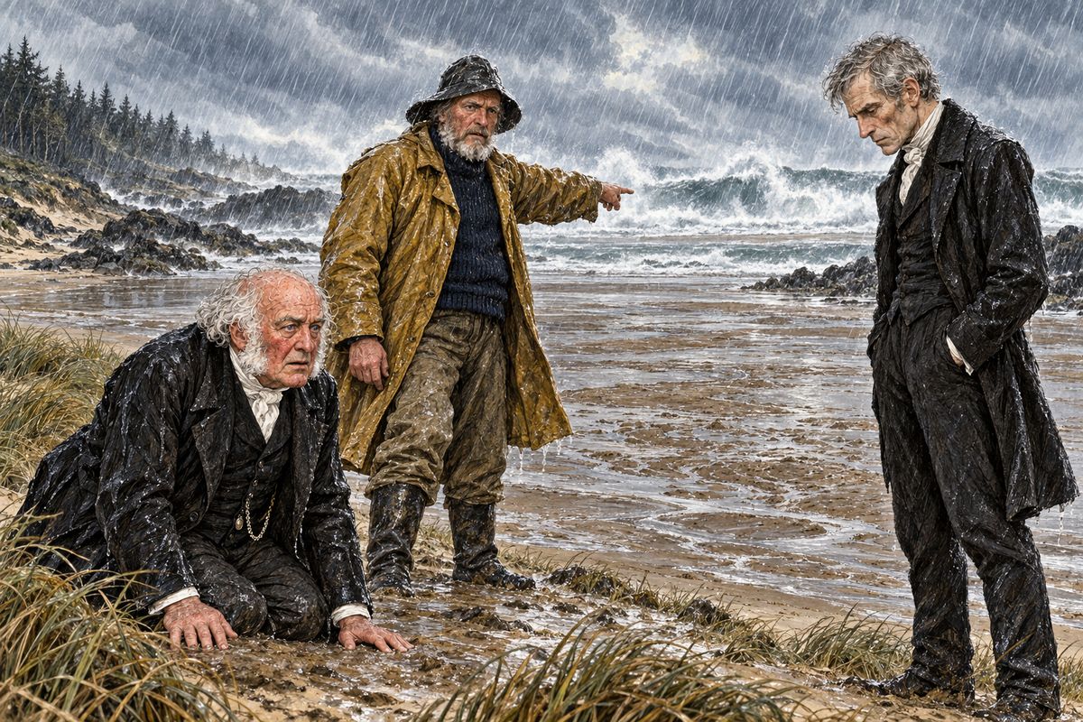 Betteredge fell to his knees, sure she had come there weary of her life. The fisherman Yolland said no boat could have reached her through that sea. A slip from the Spit would have landed her on a shelf of rock, waist-deep, so she must have gone into the Deeps herself. "What the Sand gets, the Sand keeps for ever."