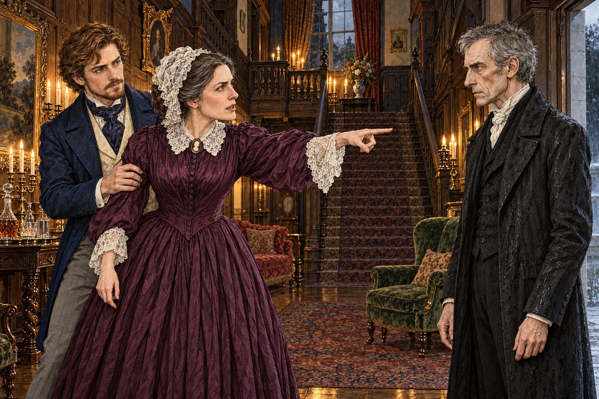 At the house the news had got there first. Lady Verinder flung open her door, beside herself with horror, with Franklin trying to calm her. "You are answerable for this!" she cried at the Sergeant, and ordered Betteredge to pay him and send him away. Cuff quietly refused to be blamed, and she let Franklin lead her back inside.