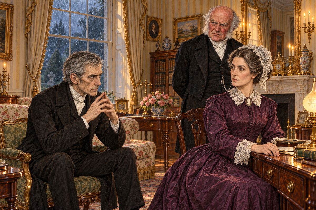 In her sitting-room, with the rain beating at the window, Lady Verinder heard Sergeant Cuff out. Rachel, he said, had secret debts; she had hidden the Moonstone to pawn it, with Rosanna, a former thief who knew a London money-lender, as her go-between. "I know my child," Lady Verinder answered. "The circumstances have misled you."