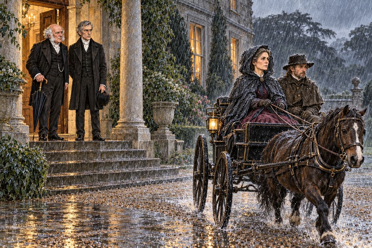 Cuff proposed to shock Rachel with the news of Rosanna's death and see whether she would confess. Lady Verinder agreed, on one condition: as her mother, she would put her to the test herself. Refusing umbrella and company, she took the reins of the pony-chaise and drove off alone through the pouring rain to Frizinghall.