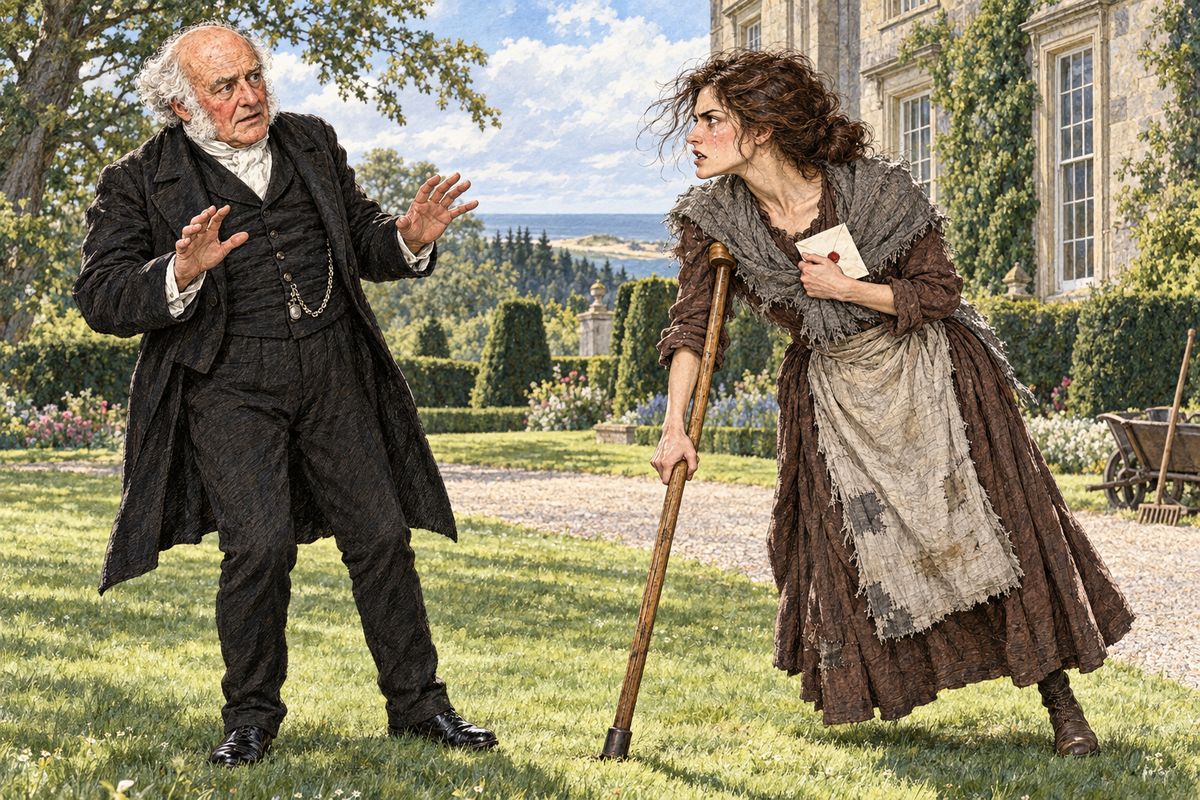 On Monday the first prophecy came true. Limping Lucy, the fisherman's daughter, found Betteredge in the grounds, struck her crutch three times on the ground and screamed that Franklin Blake had murdered Rosanna, whom she had loved like a sister. She held Rosanna's sealed letter for him, and would put it into no hands but his.