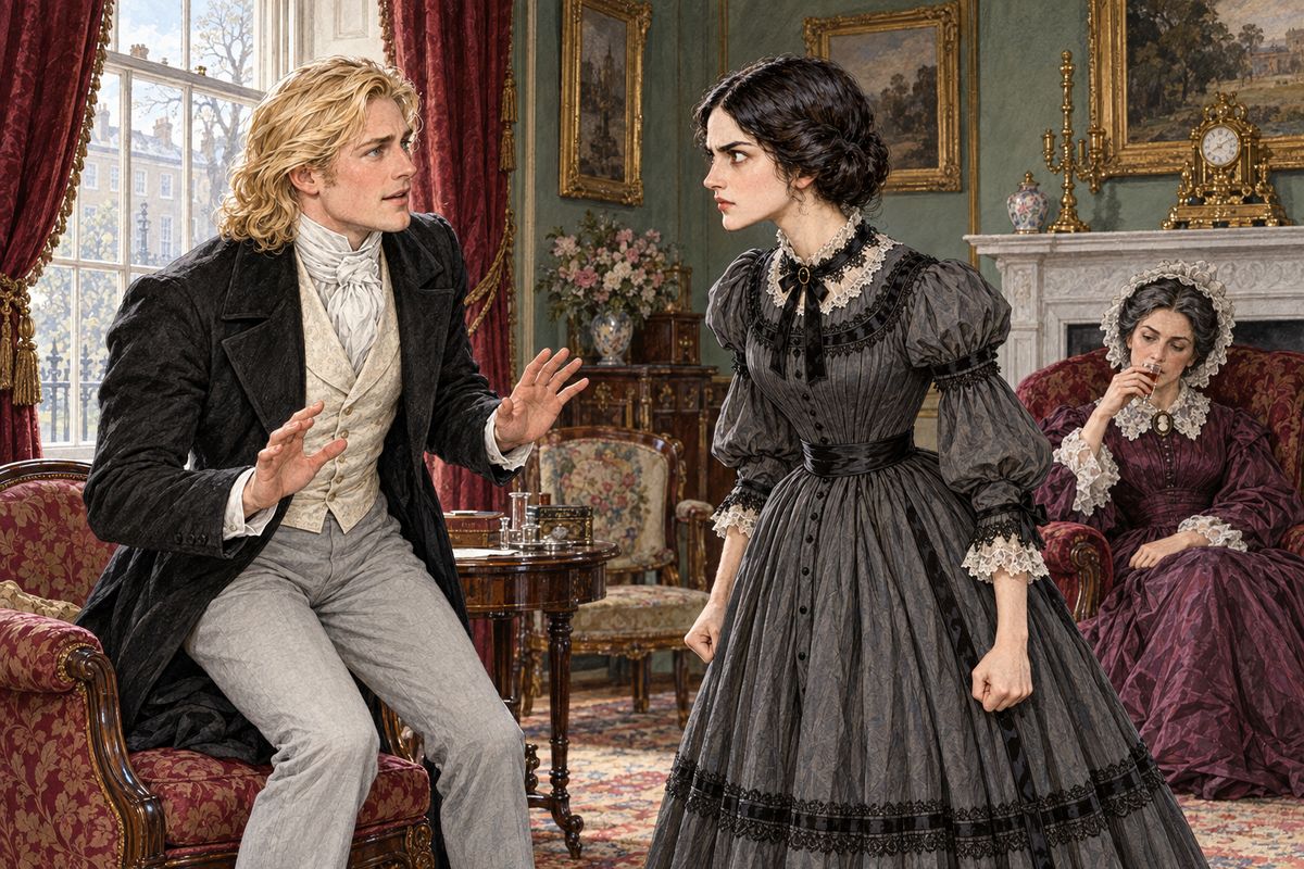 In Montagu Square Rachel bullied Godfrey into telling her the rumour: that he had pawned the Moonstone. She sprang up, wild with remorse, and stamped her foot. "I know that Godfrey Ablewhite is innocent!" She signed a declaration for him, which he gallantly burned once she had gone, while Lady Verinder, turning bluish, secretly swallowed six drops of medicine.