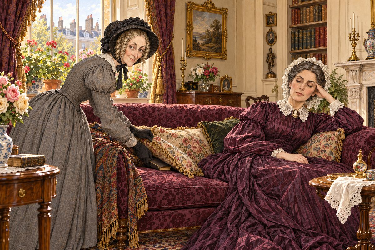 Alone with Drusilla, Lady Verinder confessed she had a hidden heart disease and might die any day; Mr. Bruff came at five, and the Will was signed. Clack saw souls to save. She slipped a tract under her aunt's sofa cushions, then crept through the whole house leaving tracts among the geraniums, the music, even in a dressing-gown pocket.