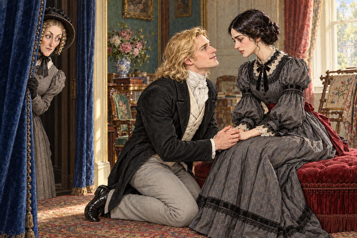 The doctor sent every tract back, so Clack returned with pious letters instead and, hearing a man on the stairs, hid behind the curtains of the little room. It was Godfrey. He knelt before Rachel and begged her to marry him, though she confessed she loved another, unworthy man. At last, wretched and reckless, she whispered, "Take me!"