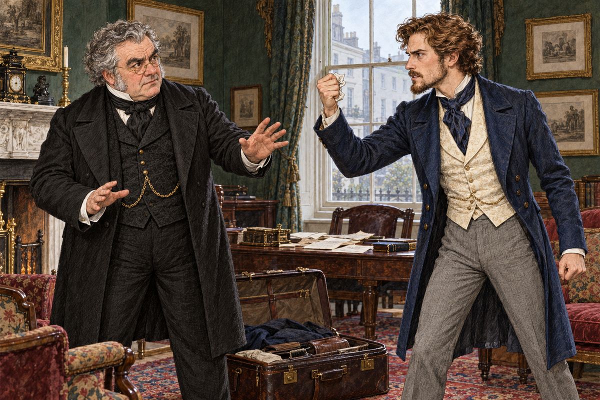 In London he went straight to Portland Place, but Rachel would not see him and sent back a single cold line refusing to write to him. Mr. Bruff could think of no reason except that she still had not forgiven him for helping the search. Franklin rang for his portmanteau. "If time, pains, and money can do it, I will lay my hand on the thief who took the Moonstone!"
