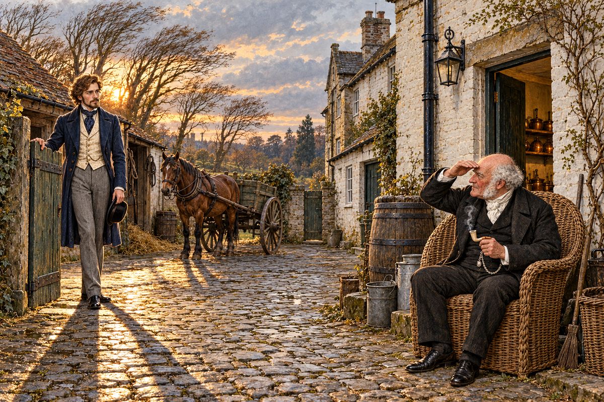 At sunset he reached the old house, shut up and empty now, and found Gabriel Betteredge in his usual corner of the yard, in the beehive chair with his pipe, his dogs and his Robinson Crusoe. The old man swore the book had just foretold this visit. But Franklin would not sleep under Rachel's roof, so Betteredge found him rooms at a nearby farm.