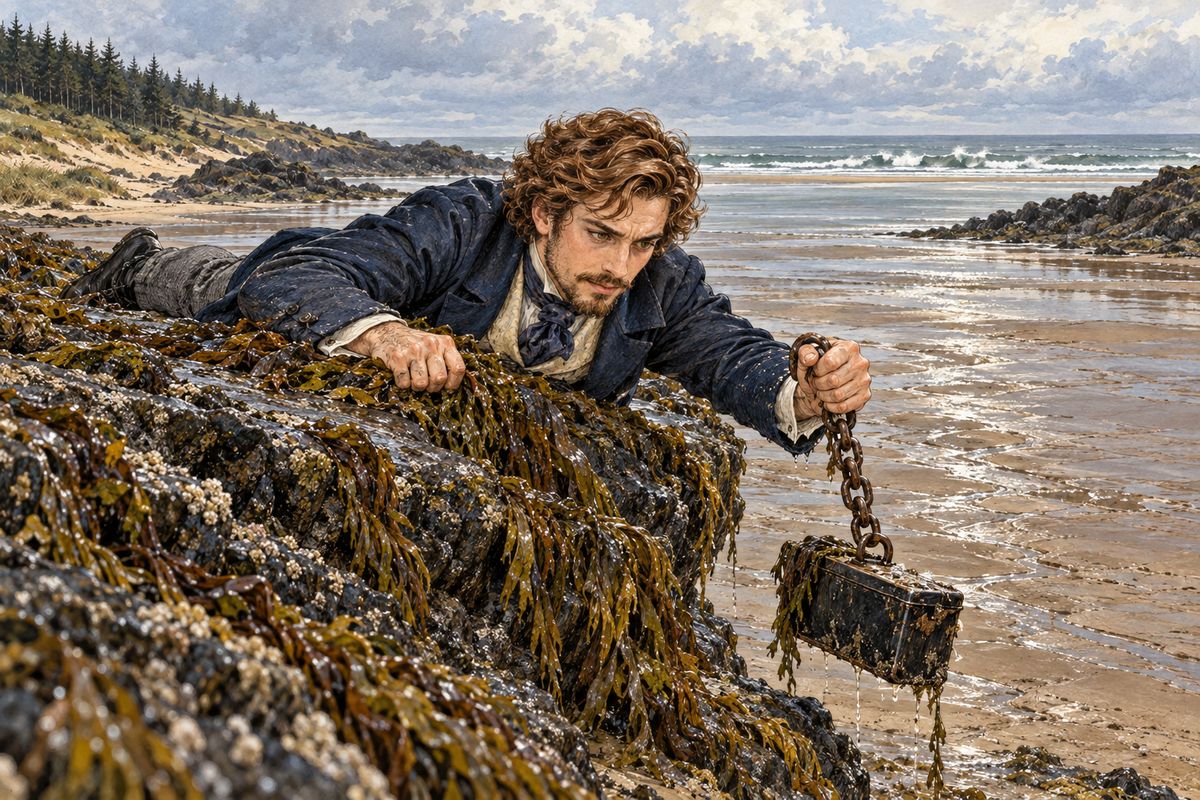 The letter held a memorandum describing a hiding-place. At the turn of the tide Franklin went out alone on the South Spit, lined up the beacon with the coast-guard flagstaff and laid down his stick. Fighting his fear as the quicksand shivered beneath him, he reached under the rocks, found a rusted chain and pulled up a japanned tin case.