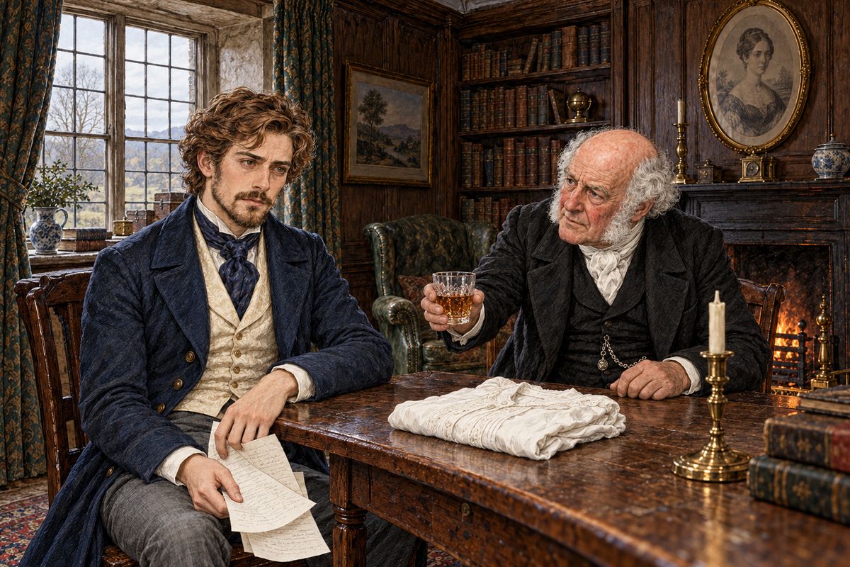 In Betteredge's parlour, with grog to steady him, Franklin opened the long letter from the case. "This confession can be made in three words. I love you." Rosanna told him she had loved him since the day he came over the sandhills. Making his bed the morning after the theft, she had found the paint on his nightgown and kept it.