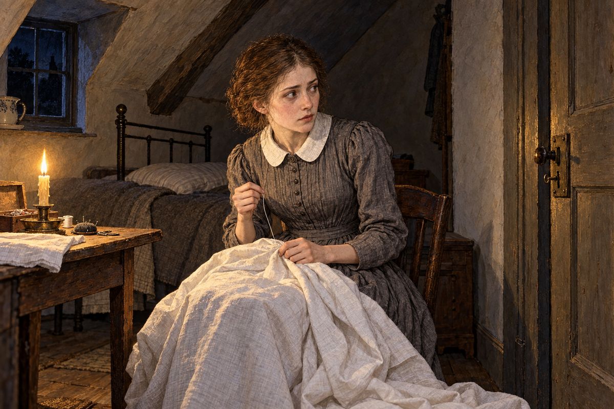 Sure he had stolen the Diamond to pay his debts, Rosanna decided to shield him. She sneaked off to Frizinghall for longcloth, then sat up all night behind a locked door sewing an identical nightgown, so his drawer would be complete when the laundry was counted. She hid the stained one at the Shivering Sand, so even Cuff could never find it.