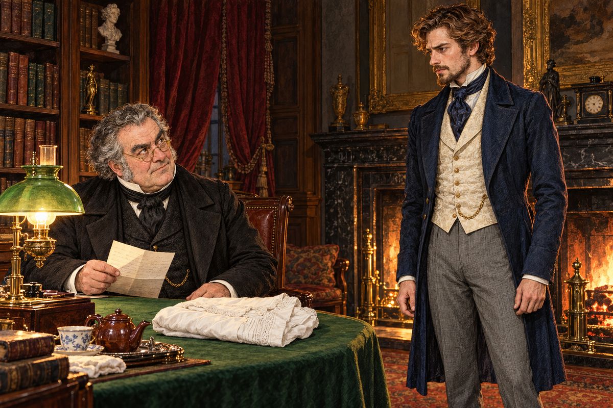 That night in Hampstead, Mr. Bruff went over the nightgown and Rosanna's letter by lamplight, then spoke gravely. "She believes you have stolen the Diamond." Franklin remembered the old row over his Paris debt, which had already shaken Rachel's faith in him, and Bruff agreed to a bold plan: Rachel would be asked to the house, and Franklin would meet her alone.