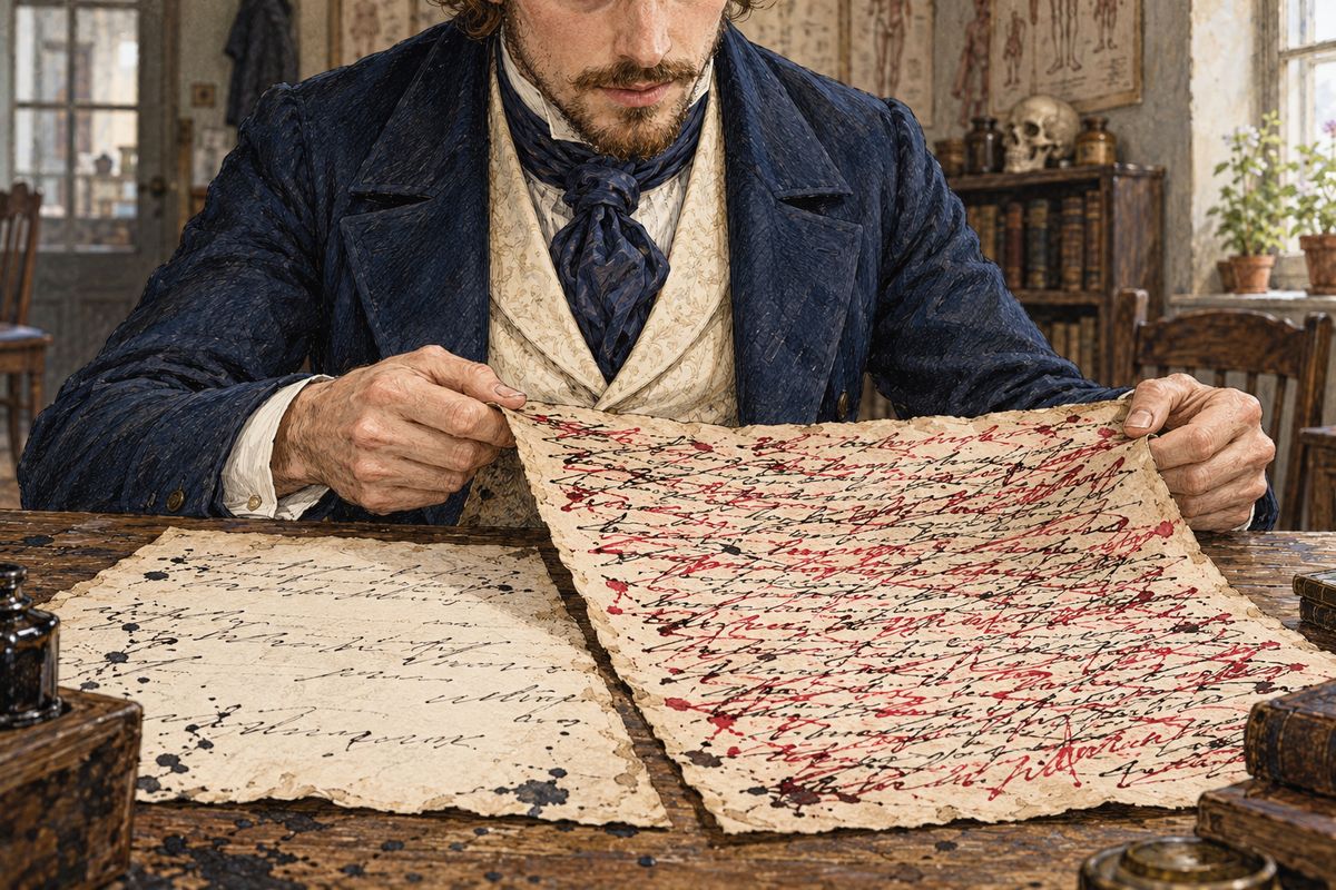 Back in his bare surgery, Jennings laid out two sheets. During Candy's fever he had taken down the doctor's raving word for word, then filled the gaps in red ink. The fragments made sense: annoyed by Franklin's jokes about medicine, Candy had secretly given him laudanum from Lady Verinder's medicine chest, meaning to admit the trick the next morning.