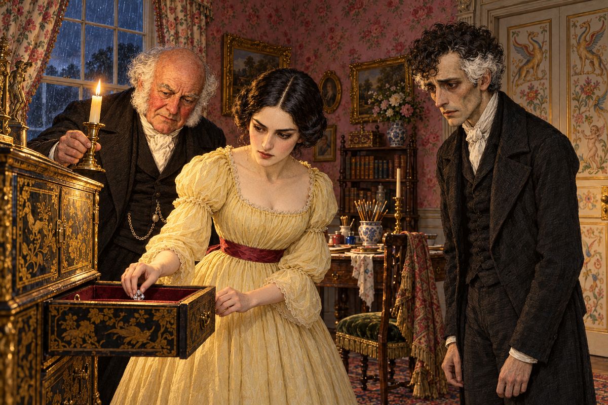 On the night of the experiment, Rachel arrived secretly with Mr. Bruff and her chaperone, Mrs. Merridew. Franklin was kept upstairs and knew nothing of it. Jennings measured out forty minims of laudanum. Rachel added the water, then took the piece of crystal standing in for the Moonstone and put it in the same drawer of the Indian cabinet.