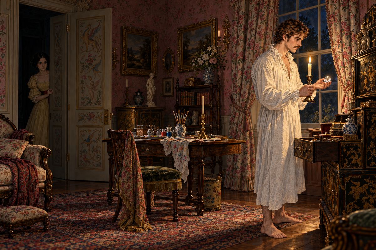 Then Franklin took the candle and walked out of the room, silent and sure of his way. The three men followed in their stockings, down the stairs and along the corridor to Rachel's sitting-room. Rachel stood without a sound in her dark doorway while he opened one drawer after another and lifted out the false stone.