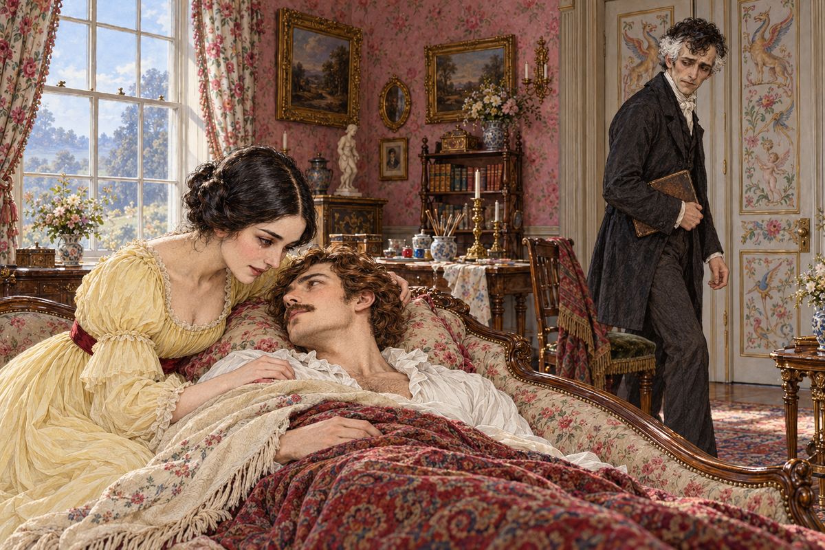 Rachel begged to keep watch with Jennings until morning. As grey daylight filled the room, she knelt by the sofa so that when Franklin opened his eyes, he would see her face first. Jennings, writing quietly in his journal, put down his pen. "Shall I leave them together? Yes!"