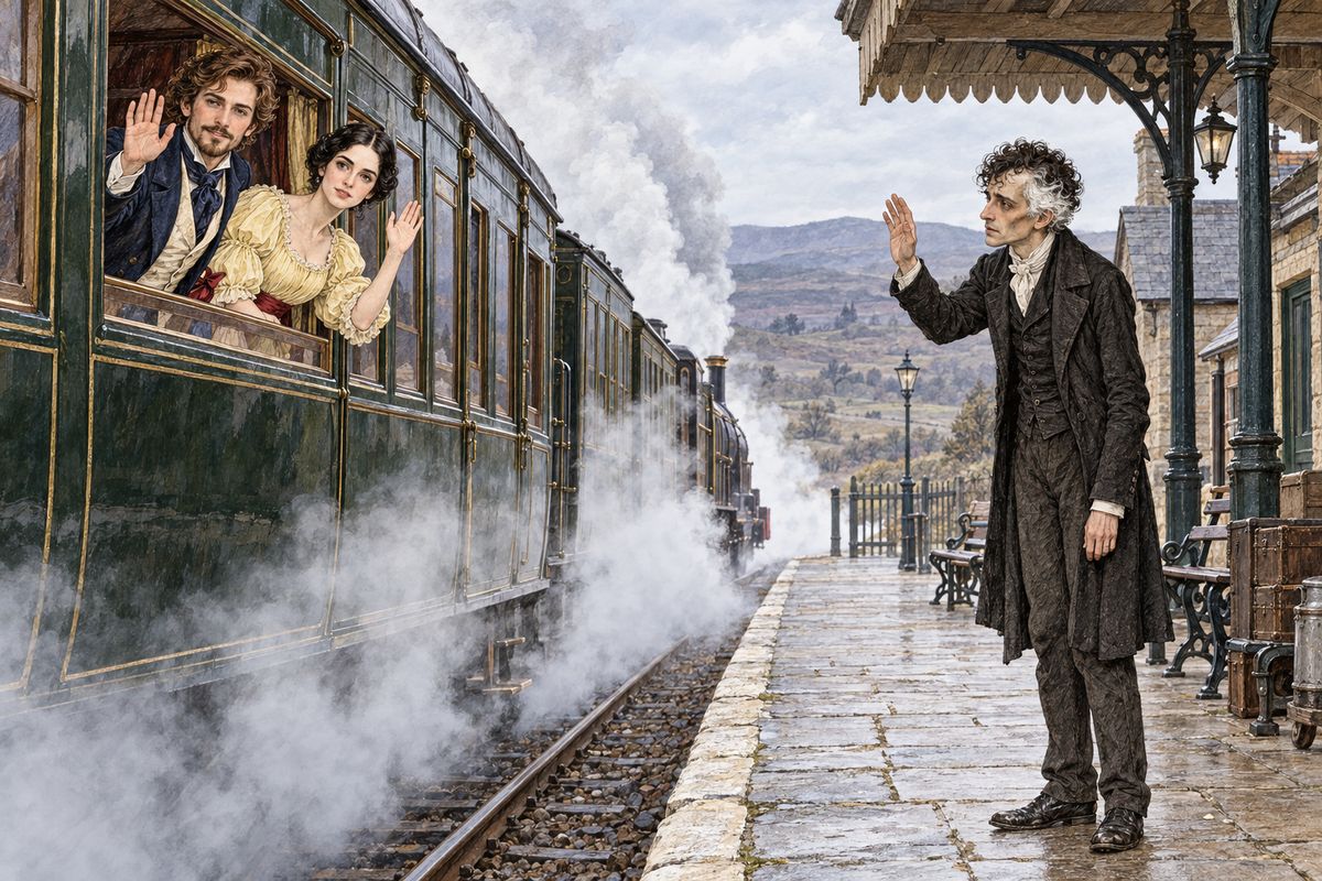 After the night of the experiment, Franklin and Rachel were reconciled without a word of explanation. The next morning they set off for London with Mr. Bruff to watch the bank. Ezra Jennings could not be persuaded to come, and there was something very sad in seeing their best and dearest friend left standing alone on the platform as the train moved out.
