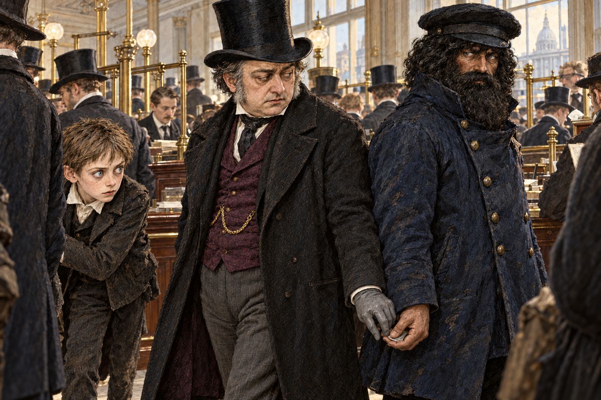 In the crowded bank in Lombard Street, Franklin and Mr. Bruff watched Septimus Luker leave with two policemen in plain clothes, then chased a harmless chemist's clerk in grey. Mr. Bruff's sharp-eyed errand boy, Gooseberry, saw what they missed: Luker's hand slipping something to a tall, dark sailor with a bushy black beard.