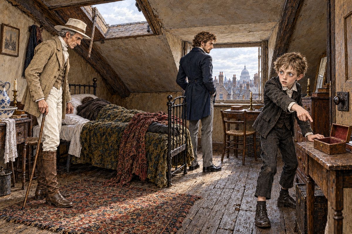 The next morning Sergeant Cuff, retired and dressed like a countryman, called on Franklin and gave him a sealed envelope: 'Compare the name of the guilty person with the name that I have written in that sealed letter.' Hearing Gooseberry's story, they hurried to the tavern. The sailor's door was barricaded. Inside, the man lay dead on the bed beside a small, empty box.