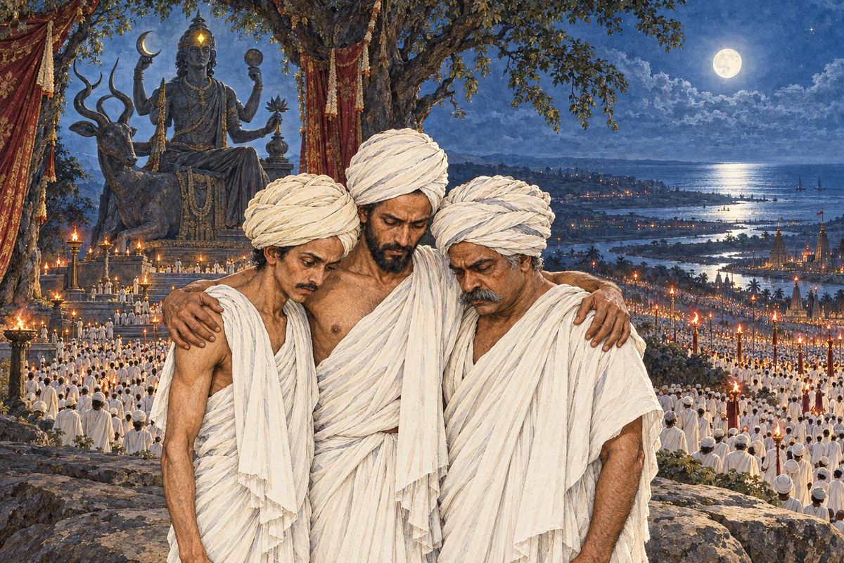 The three Indians had slipped from their ship off the Indian coast and vanished. In 1850 Mr. Murthwaite, travelling as a pilgrim, saw them again before a great moonlit crowd near Somnauth. They embraced and went three ways, never to meet again. Then the curtain was drawn back, and the Moonstone shone once more in the forehead of the Moon god.