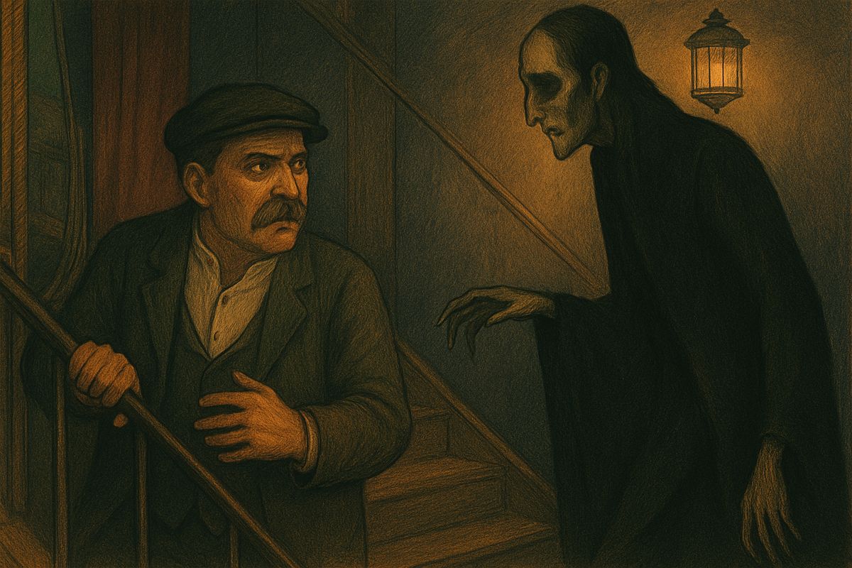 The skull face came from Joseph Buquet, the chief scene-shifter, who had met the ghost on the little stair to the cellars. "His eyes are two big black holes, as in a dead man's skull," he said. The skin was a nasty yellow, and there was no nose at all. Since then, rumour had added a fireman's floating head of fire and the chorus-master Gabriel's terrified fall downstairs.