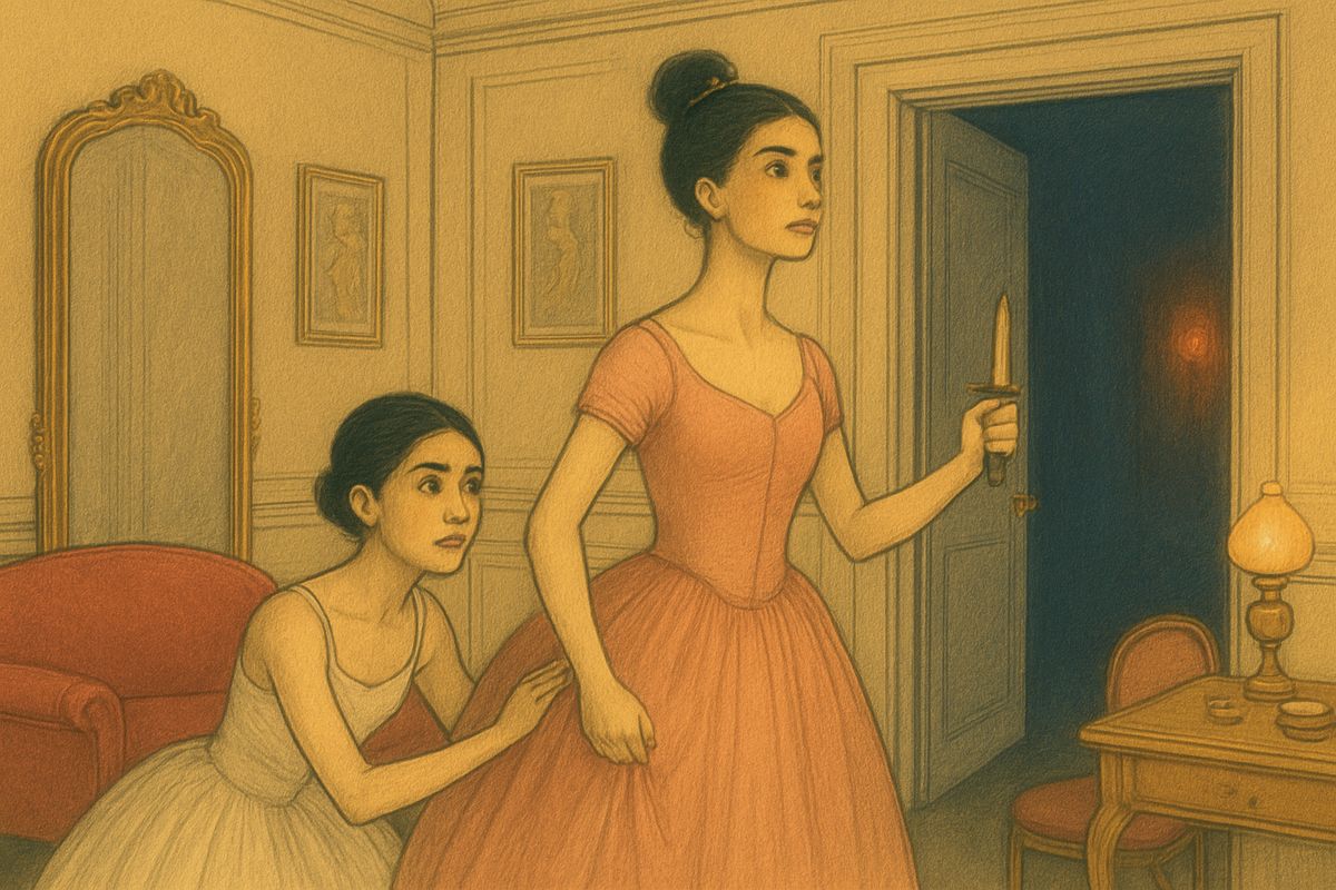 Then something rustled outside like silk sliding over the door. Little Meg Giry clung to Sorelli's gauze skirt, begging her not to open it, but Sorelli drew the dagger she always carried and flung the door wide. The corridor was empty, lit only by a red gas-flame. Afterwards Meg whispered a secret: Box Five, on the grand tier, belonged to the ghost and must never be sold.