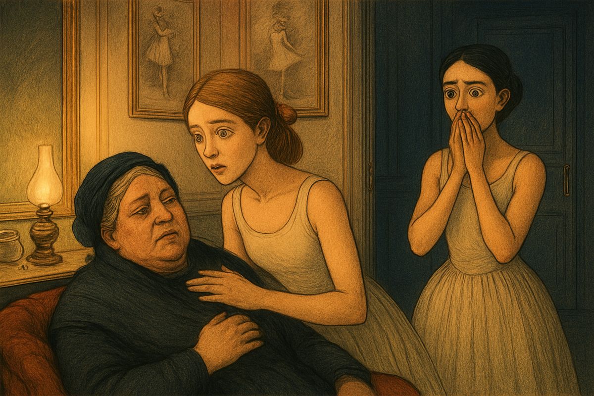 Heavy footsteps pounded down the passage, and Mother Jammes burst in and collapsed into an armchair. "Joseph Buquet is dead!" He had been found hanging in the third cellar. Yet by the time men rushed down to cut him free, the rope had vanished. The terrified girls huddled round Sorelli and hurried off to the foyer together, through the ill-lit passages.