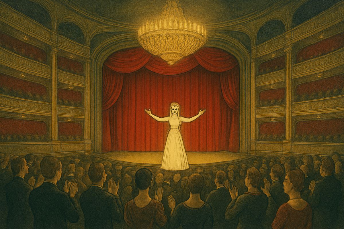 At the farewell gala, after famous composers had conducted their own works, the shy understudy Christine Daae sang Marguerite in Faust in place of the ailing Carlotta. Her voice was so superhuman that the whole house rose to its feet cheering, while Christine sobbed and fainted in the arms of her fellow-singers.