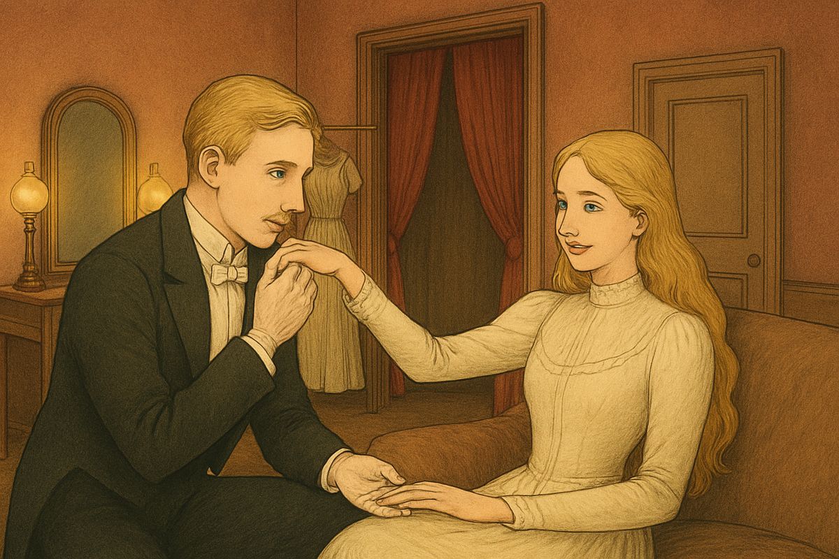 Raoul pushed into Christine's crowded dressing-room behind the doctor and had everyone cleared out. As she woke, he knelt and kissed her hand: he was the little boy who had gone into the sea to rescue her scarf. Christine glanced at her doctor and maid, and all three laughed.