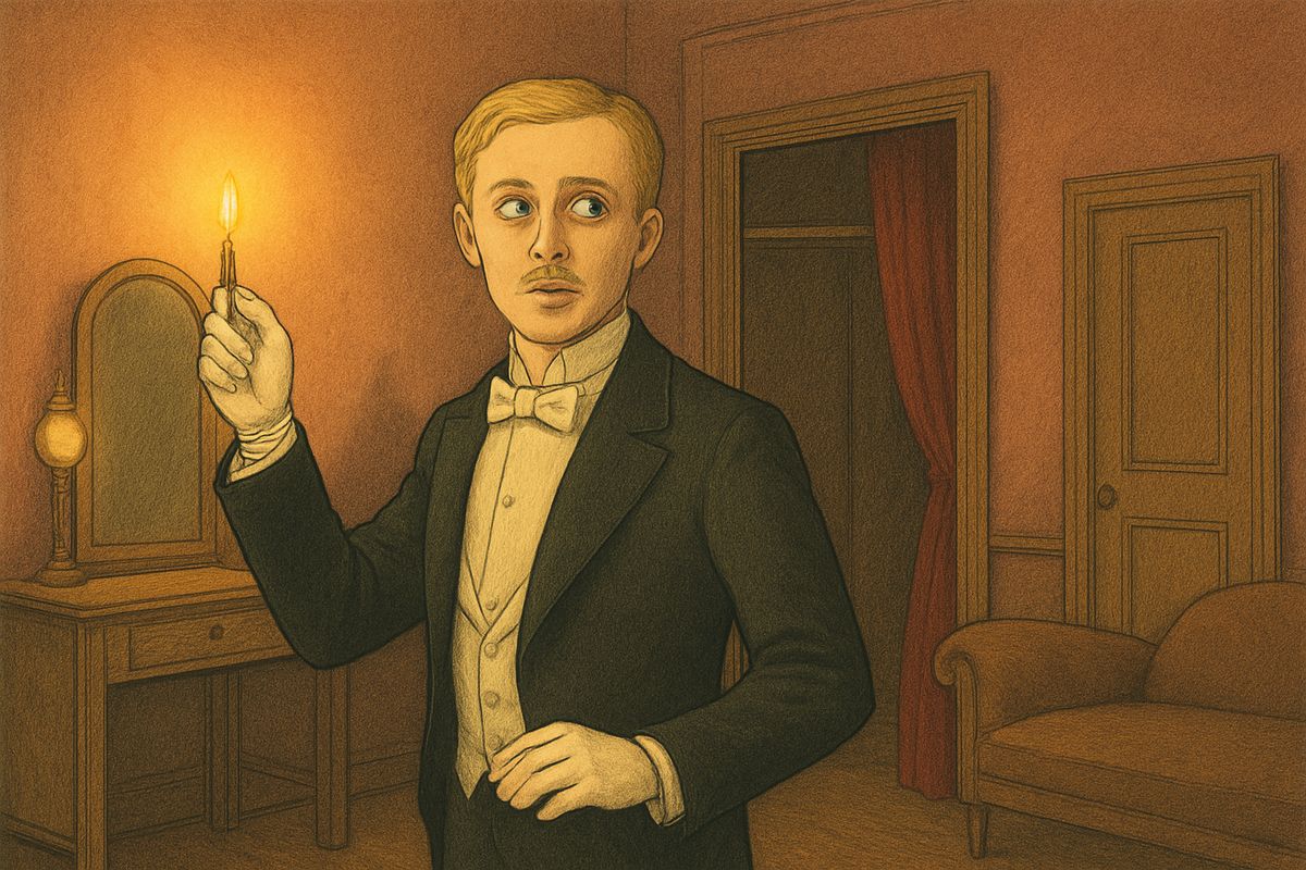 Christine came out alone, veiled and wrapped in furs, and passed him without locking the door. Raoul slipped inside to find total darkness. He struck a match, lit the gas, searched the cupboards and felt the walls, but the room was empty. "Am I going mad?" he said aloud.