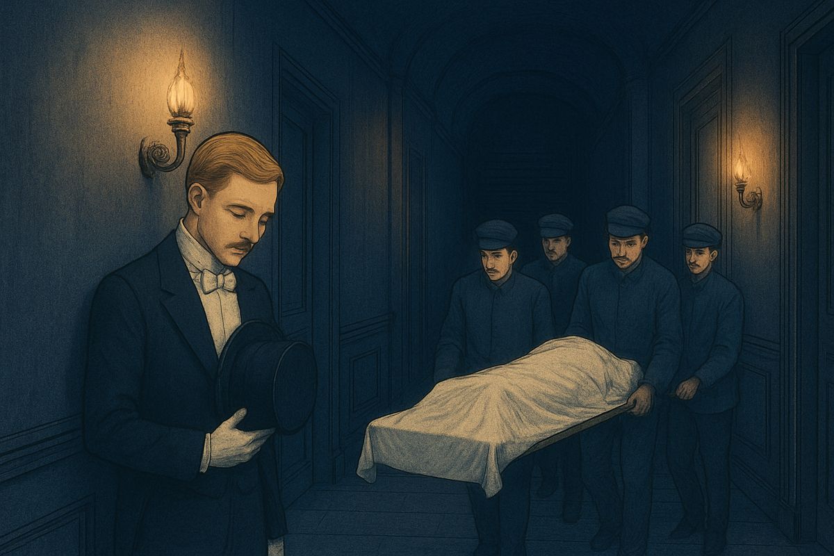 Raoul wandered blindly through the Opera until an icy draught struck his face at the foot of a staircase. Workmen came down carrying a stretcher under a white sheet. It was Joseph Buquet, they said, found hanging in the third cellar. Raoul took off his hat, stepped aside to let them pass, and went out.
