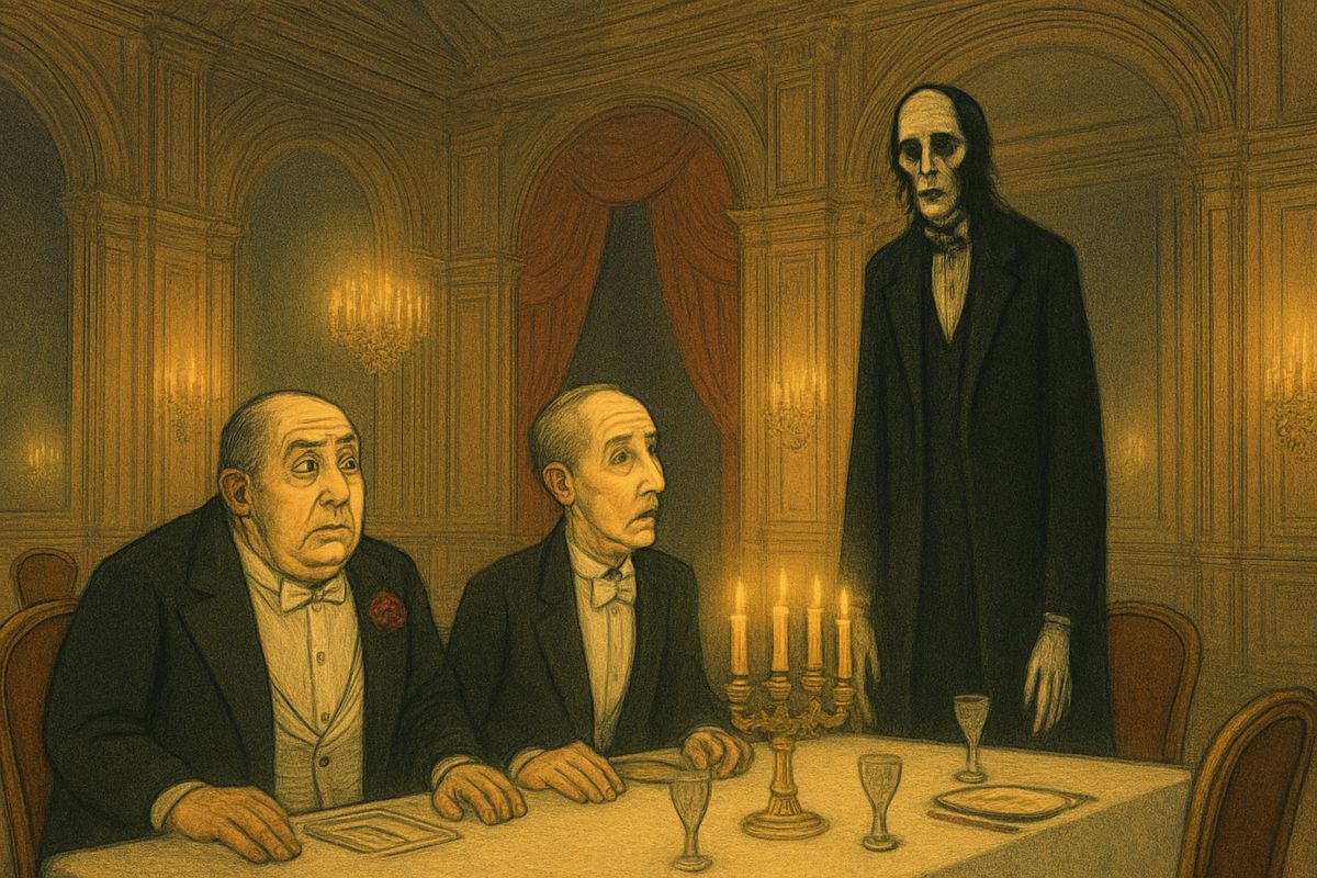 At the farewell supper, while the retiring managers handed their two tiny master-keys to their successors, guests noticed a pale, hollow-eyed figure at the end of the table who neither ate nor drank. Suddenly he spoke: "The death of that poor Buquet is perhaps not so natural as people think." Debienne and Poligny turned whiter than the tablecloth.