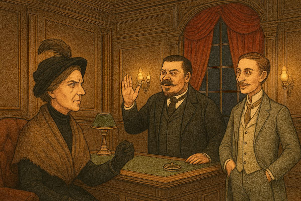 Summoned to the office, Mme Giry proudly explained: the ghost gave three little knocks, asked in a soft man's voice for a footstool, and left her tips on the shelf, once even a box of English sweets. The managers roared with laughter. "That will do, Mme Giry. You can go." They dismissed her and the inspector, and resolved to look into Box Five themselves.
