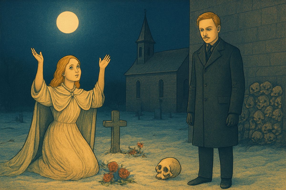 Near midnight Raoul followed her white figure across the snow to the churchyard. As she knelt at her father's grave, the clock struck twelve, and an invisible violin played 'The Resurrection of Lazarus' more perfectly than Daddy Daae ever had. When the music stopped, the skulls heaped against the church wall seemed to chuckle. Then one rolled to Raoul's feet, and another.