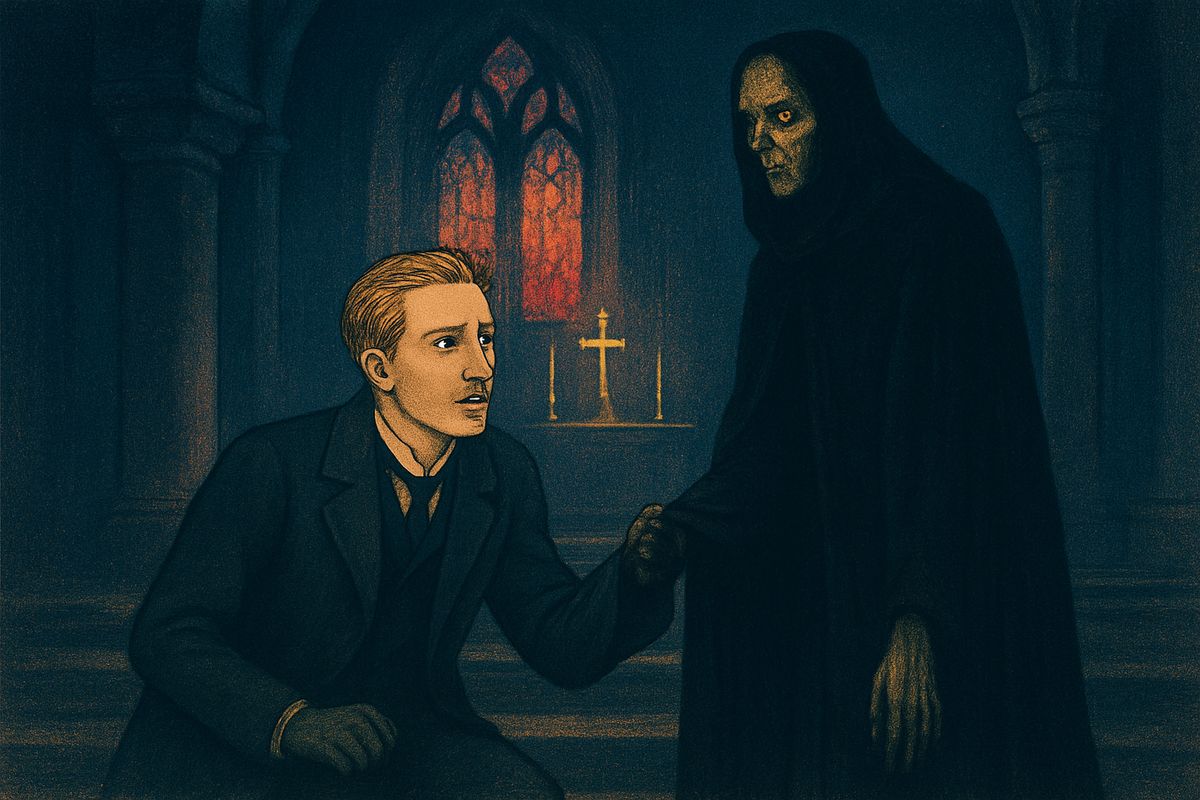 A shadow glided along the wall and into the church. Raoul caught a corner of its cloak before the high altar. The figure turned, and in the moonlight from the stained glass he saw a death's head with scorching eyes. His courage failed him. At dawn he was found half-frozen on the altar steps and carried back to the Setting Sun.