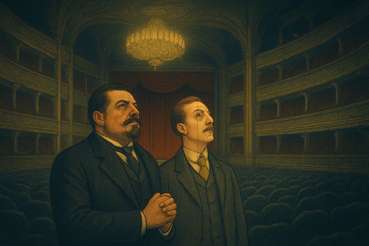 Richard and Moncharmin went to look into the matter of Box Five. In the gloomy, empty house, with dust-sheets heaped over the stalls like a frozen sea, both saw a shape in the box. Moncharmin saw a death's head on the ledge; Richard saw an old woman like Mme Giry. When they ran up, laughing, the box was perfectly ordinary.