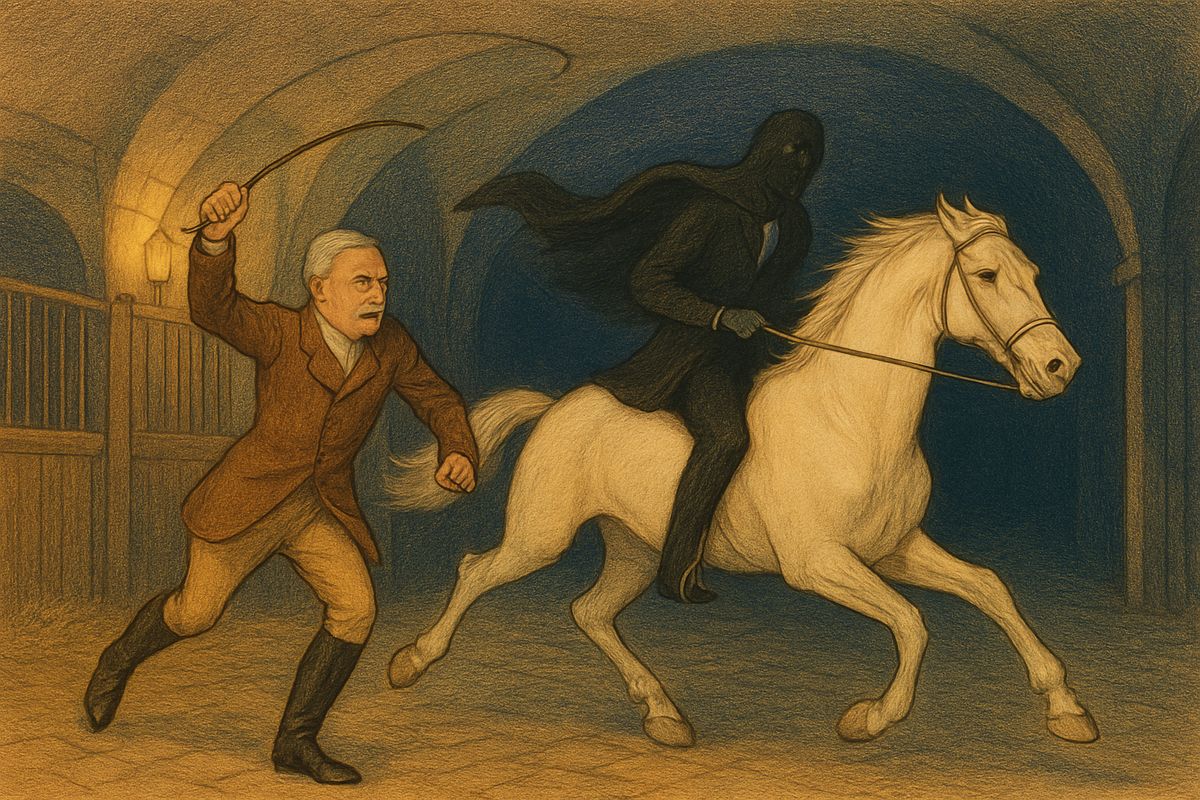 Then Lachenel the stud-groom stormed in, slapping his boot with his whip: Cesar, the white horse of the Profeta, had been stolen from the Opera's cellar stable. 'I saw a black shadow riding a white horse,' he whispered, 'and they disappeared in the darkness of the underground gallery.' It was the ghost, he said.
