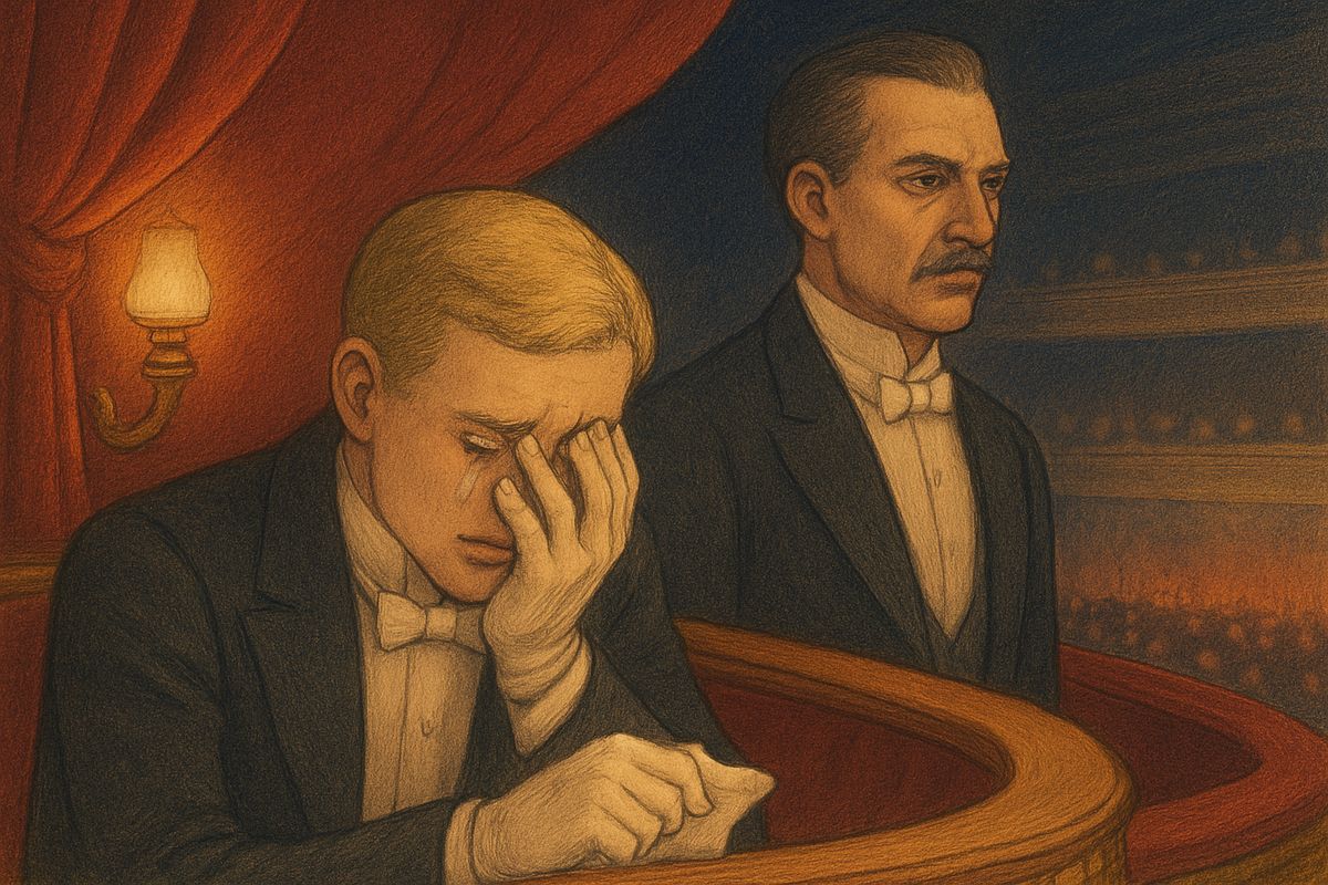 As Christine sang Siebel's flower song, she saw Raoul in his box, and her voice faltered. Raoul hid his face in his hands and wept, thinking of the letter she had left him after fleeing Perros: 'You must have the courage not to see me again... My life depends upon it. Your life depends upon it.' Behind him, the count gnawed his moustache.