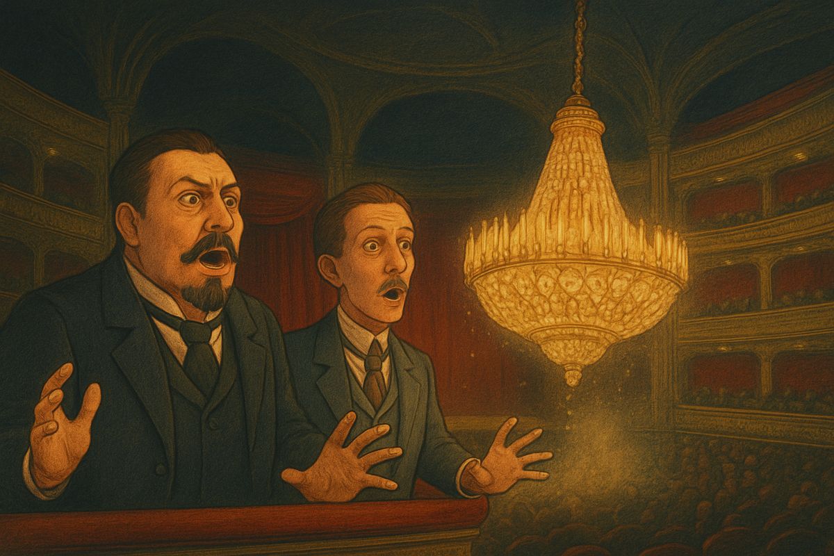 Collapsed in their chairs, the managers heard an impossible voice in their right ears: 'She is singing to-night to bring the chandelier down!' They looked up and screamed. The great chandelier slipped from its hook and crashed into the stalls amid shrieks and a rush for the doors. Richard's concierge, at the Opera for the first time, was killed.