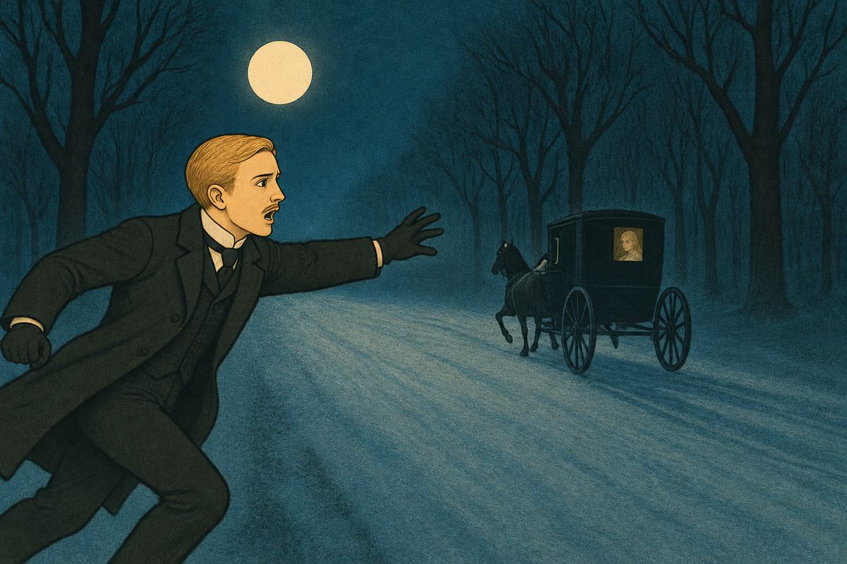 That night Count Philippe told him Christine had been seen driving in the Bois with a shadowy companion. Raoul waited on the frozen moonlit road until a brougham came by with her face at the window. He cried out "Christine!" The window snapped shut, and the carriage raced off into the night.