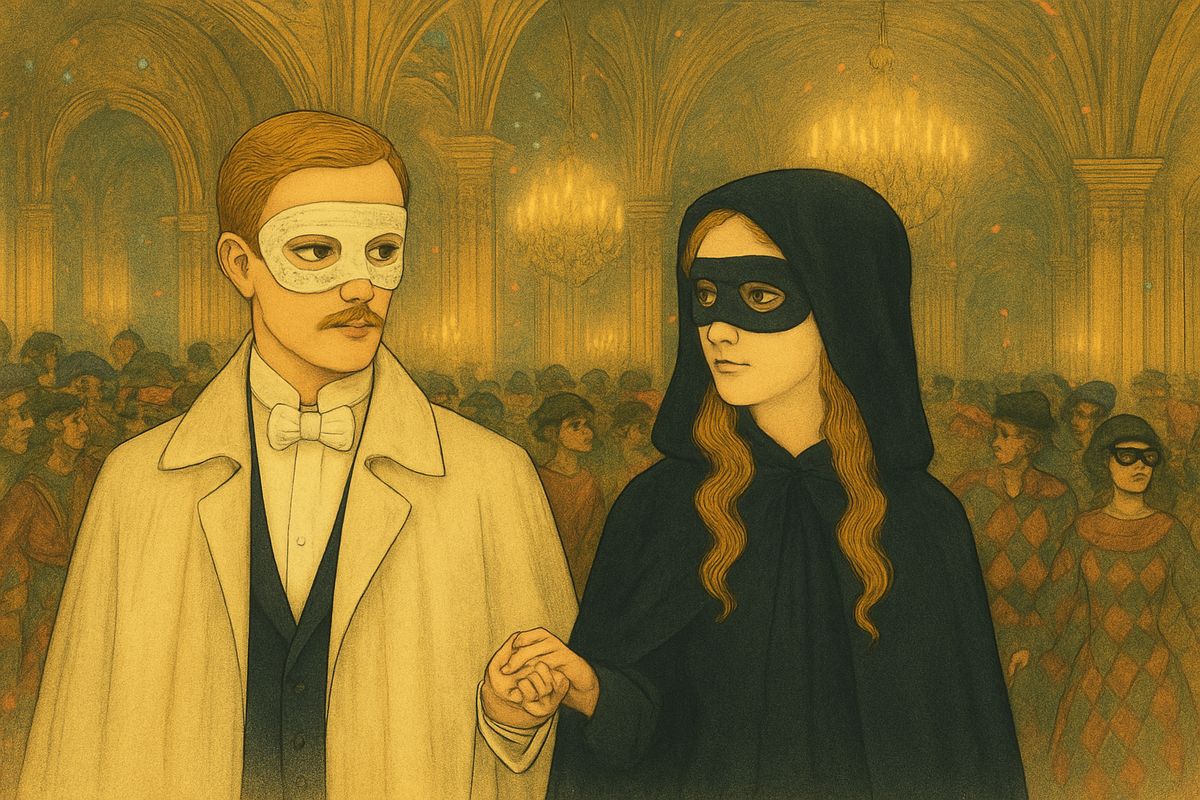 Then came a muddy, unstamped note from Christine: he was to meet her at the Opera's masked ball, wearing a white domino. At midnight a black domino squeezed his fingertips and led him silently through the crowd of wild, noisy revellers.