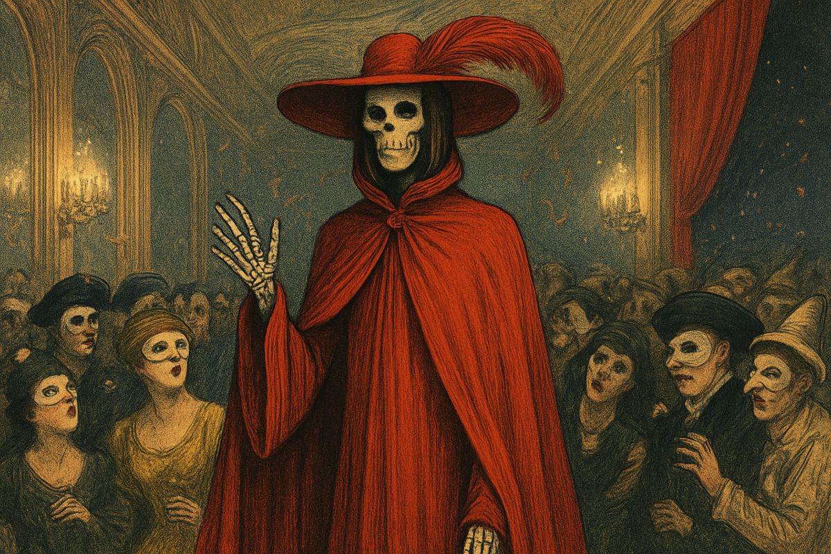 In the crush-room a crowd had gathered round a figure all in scarlet: a death's head under a plumed hat, with a huge red-velvet cloak trailing behind him like a king's train. A skeleton hand gripped one reveller who dared to touch him. Raoul knew that face at once: the death's head of Perros-Guirec!